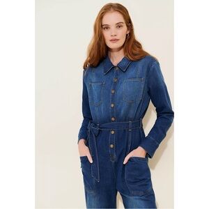 Anthropologie Pilcro Long Sleeve Belted Collared Denim Jumpsuit Coveralls Small